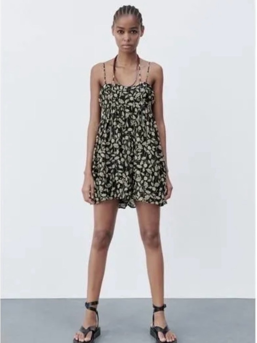 Zara Black Floral Spaghetti-Strap Mini Jumpsuit